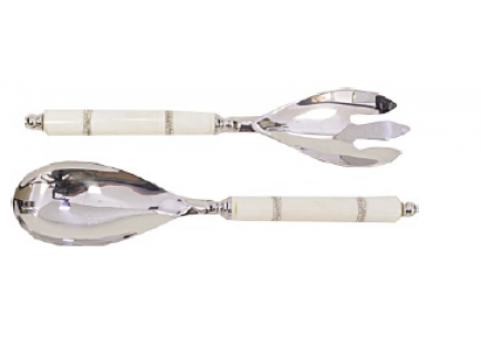 Bone / Nickel-Plated Salad Servers with Silver Band-Accented